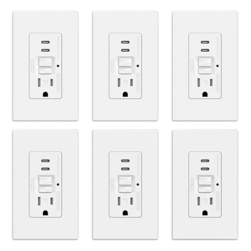 ELEGRP GFCI Outlet with USB Ports, 15 Amp Self-Test GFCI Combination with Dual USB C Ports, 24W Max Total Output, Tamper Resistant GFCI USB Outlet with Wall Plate, UL Listed, Matte White, 6 Pack - color: Matte White, size: GFCI Outlet with Dual USB C Port