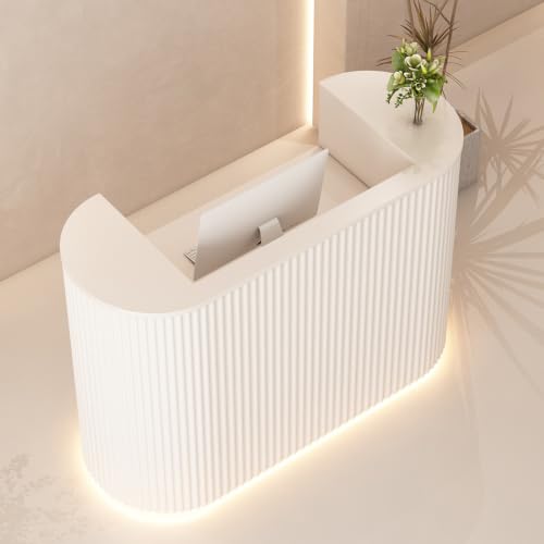 Reception Desk with LED Light - Curved Front Checkout Page with Counter, Lockable Drawers & Engineered Wood Construction, Salon Reception Desk for Beauty Salons - color: White