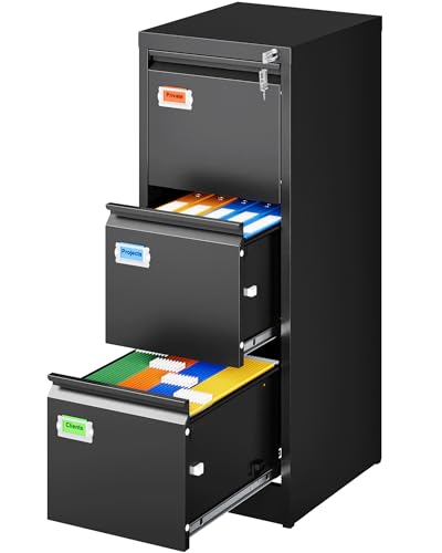 PEUKC 3-Drawer File Cabinet, 16.3" Deep Vertical Filing Cabinet with Lock, Metal File Cabinet for Home Office, Anti-Tip 3 Storage Drawers for Letter/Legal/A4/F4 Size, Assembly Required, Black - color: Black, size: 40.6"H