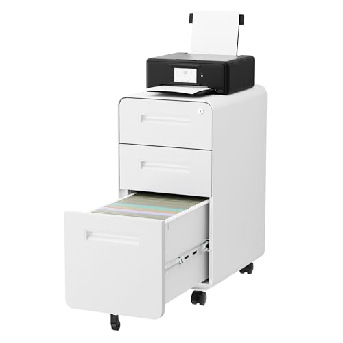 3 Drawer Slim Narrow Mobile File Cabinet with Lock and 4 Keys | Metal Filing Cabinet for Home Office, Under Desk, Pre-Assembly, File Drawer, Letter/Legal/A4 Hanging File Folders - color: White, size: 23.4"H*12.6"W-3 Drawers