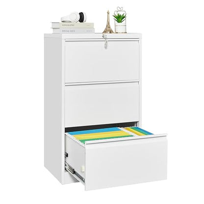 Garvee 3 Drawer Lateral File Cabinet, Heavy Duty Metal Filing Cabinet | White File Cabinet with Lock for Home Office, for Legal/Letter/f4/a4 Hanging Files with Business Card Holder