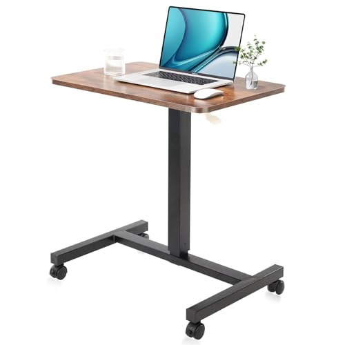CLATINA Mobile Laptop Desk Pneumatic Sit to Stand Table Height Adjustable Rolling Cart with Lockable Wheels for Home Office Computer Workstation 28" x 19" Brown Round Edge Design Elegant - color: Brown, size: Drawerless