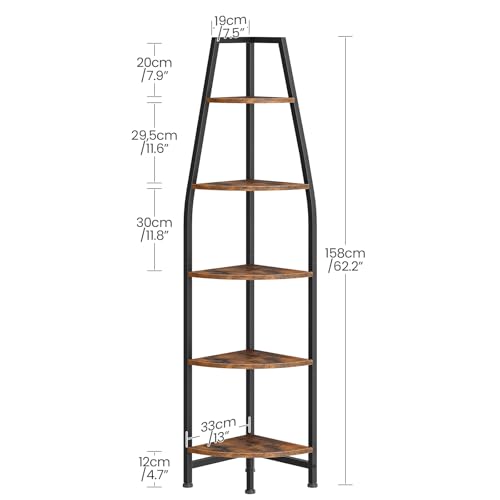 CHOEZON Corner Shelf with Lights, Corner Bookshelf with Metal Frame, 5-Tier Tall Ladder Shelf, Storage Rack for Home Office, Bedroom, Living Room, Rustic Brown and Black TCJ71DBF