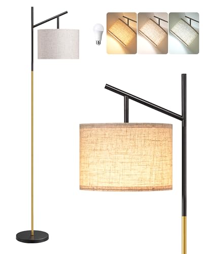 EDISHINE Modern Floor Lamps for Living Room, 64.7" Minimalist Standing Lamp with 3 Color Temperatures Bulb & Adjustable Linen Shade, Foot Pedal Switch, Arc Tall Lamp for Bedroom Office, Black Gold - color: Black Gold