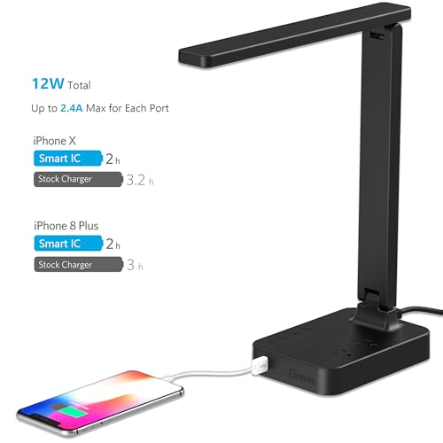 Drevet LED Desk Lamp for College Dorm Room, Desk Light with 1 USB Charging Port 2 AC Power Outlet, 3 Lighting Modes, 3 Level Brightness Touch Lamp, Eye-Caring Home Office Foldable Table Lamp - color: Black Classic 1USB/2AC