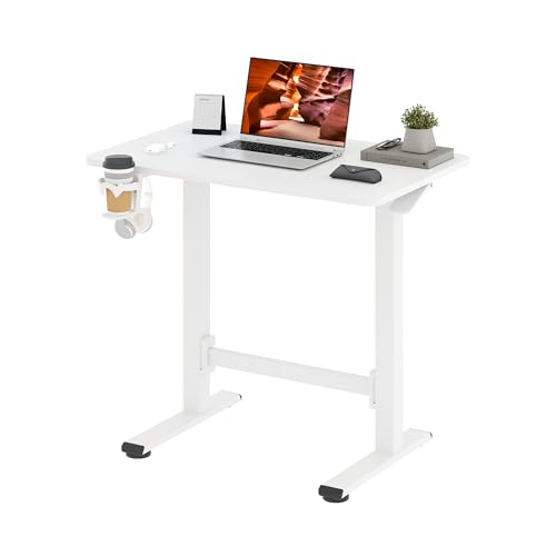 32''Pneumatic Standing Desk,Onepiece Adjustable Height Home Office | White 31.5''x19.7'' Small Home Desk Rolling Computer Workstation with Hooks & Cup Holder,Hidden Casters - color: White, size: 3220