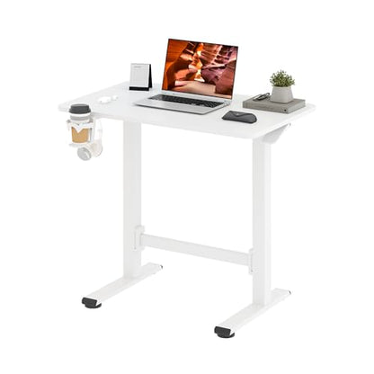 32''Pneumatic Standing Desk,Onepiece Adjustable Height Home Office | White 31.5''x19.7'' Small Home Desk Rolling Computer Workstation with Hooks & Cup Holder,Hidden Casters - color: White, size: 3220