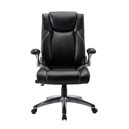 COLAMY Ergonomic Office Chair, High Back Leather Desk Chair with Adjustable Lumbar Knob, Thick Cushion Seat, Flip-up Armrests, Rocking Function, Computer Chair for Home Office, Black - color: Black-91287, size: set of 1