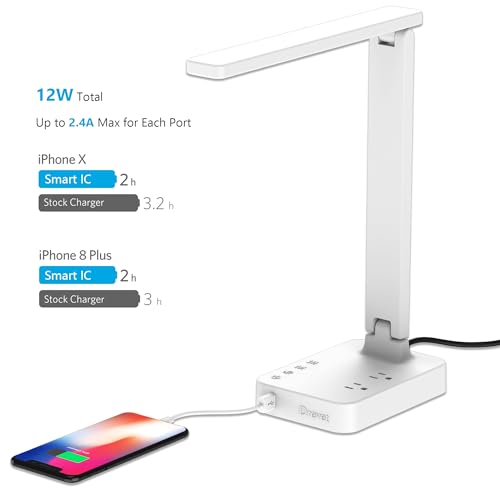 Drevet LED Desk Lamp, Desk Light with 1 USB Charging Port and 2 AC Power Outlet, 3 Lighting Modes, 3 Level Brightness,1H Timer, Touch Control, Eye-Caring Home Office Foldable Table Lamp (White) - color: White