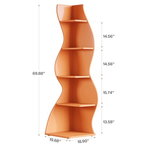 Tribesigns Wavy Corner Shelf, Modern 5-Tier Bookshelf Bookcase with Curvy Shape, Unique Plant Stand Display Rack for Living Room Small Space (Orange) - color: Orange