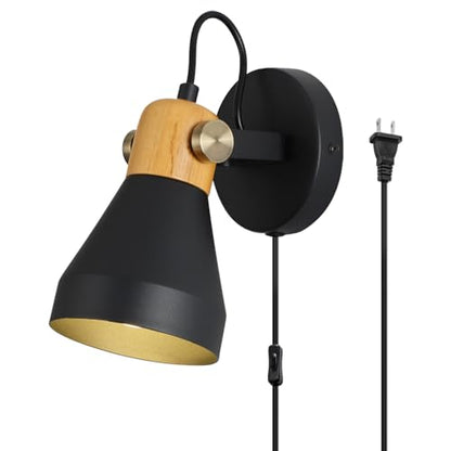 Modern Plug-in Wall Sconces, Matte Black | Adjustable Reading Light, Real Wood Accent, For Bedroom, Living Room, Apartment, Home Office - color: Matte Black+Wood Accent