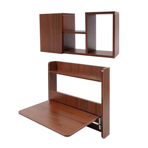 Floating Desk, 36’’H Wall Mounted Desk, Solid Wood Fold Down Laptop Desk with Foldable Tabletop, Folding Table Workstation with Storage Shelves&Door(Walnut)