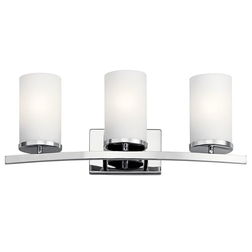 Kichler Crosby 23" Vanity Light in Chrome, 3-Light Contemporary Bathroom Light with Satin Etched Cased Opal Glass, (23" L x 8.75" H), 45497CH | Satin etched cased opal glass vanity light for bathroom mirrors (23" x 8.75" x 6"), 45497CH - color: Chrome, si