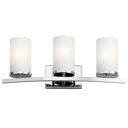 Kichler Crosby 23" Vanity Light in Chrome, 3-Light Contemporary Bathroom Light with Satin Etched Cased Opal Glass, (23" L x 8.75" H), 45497CH | Satin etched cased opal glass vanity light for bathroom mirrors (23" x 8.75" x 6"), 45497CH - color: Chrome, si