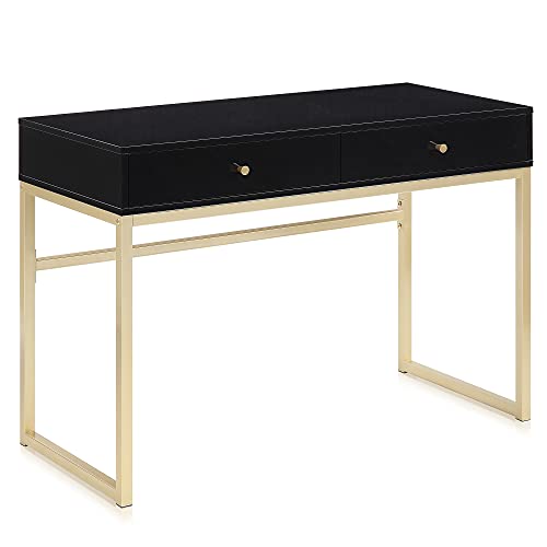 BELLEZE Modern 42 Inch Makeup Vanity Dressing Table or Home Office Computer Laptop Writing Desk with Two Storage Drawers, Wood Top, and Gold Metal Frame - Bronte (Black) - color: Black, size: 42" Rectangular Shape