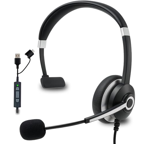 Spracht USB Wired Headphones for Work, WorkIT! Single Ear Computer Headset with Microphone, USB A & USB C Head Sets, Comfortable Wired Headphones with Microphone for Work, Online, Office - style: Single Ear