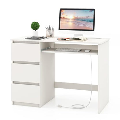 Tangkula White Desk with 3 Storage Drawers & Built-in Charging Station, Home Office Desk with Keyboard Tray, PC Desk Study Writing Table, Vanity Table for Bedroom, Computer Workstation (White) - color: White