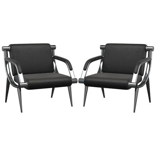 wonline 2Pcs Waiting Room Chair with Armrest Black PU Leather Office Furniture, Office Guest Seating Lobby Conference Reception Chairs for Airport Clinic Hospital Bank Salon Barber(Black) - color: Chrome & Black, size: 2 Seat