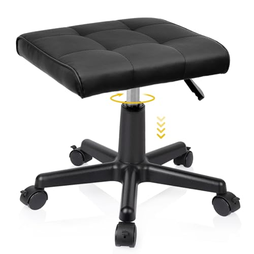Real Leather Tall Foot Stool, Adjustable Leg Rest Ottoman Footrest with Wheels & Thick Padding, Ergonomic Footrest for Office & Gaming Chairs - Height 14.6-19.6 Inch, Lockable 360-Degree Casters