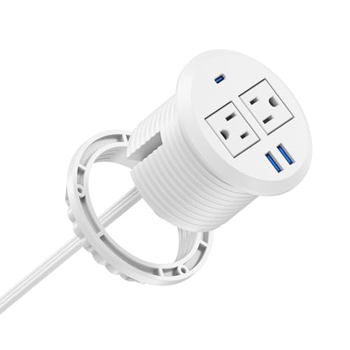 Jgstkcity 2-in-1 Desktop Power Grommet with USB-C Output, 125V, 12A, 2 AC Outlets, 3 USB Charging Ports, White | 3inch Hole Flush-Mount for Desktop,Workspace Essential Desk Outlet,ETL Listed - color: White