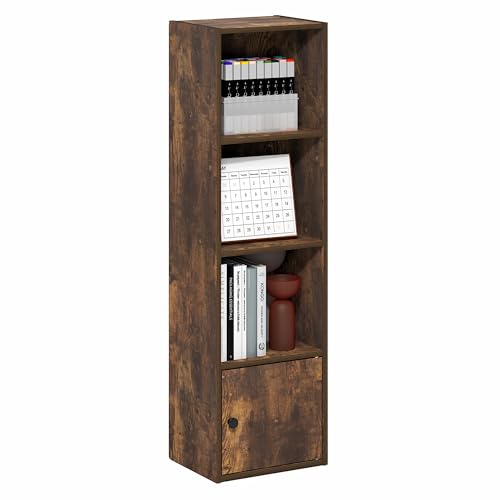 Furinno LUDER Book Shelf, 4-Tier Bookshelf with Open Shelf, Standing Bookcase with 1 Door Cabinet, 9.3 x 12 x 41.8, for Organization and Storage, for Living Room, Bedroom, Home Office, Amber Pine - color: Amber Pine, size: 4-Cube with Cabinet