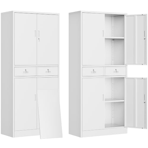 CJF Metal Storage Cabinet with Adjustable Shelves and Drawers, 71" H Locking Pantry Storage Cabinet for Office, Garage, Home, School, Utility (White) - color: White, size: 71"H - 2 DRAWERS