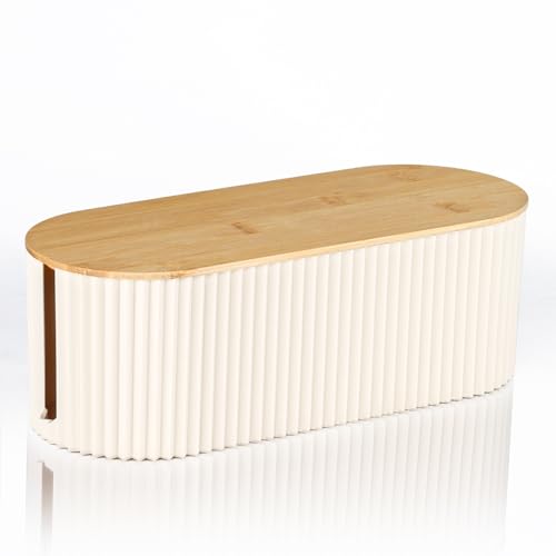 Cable Management Box with Solid Bamboo Cover, 12.6x5.4x4.4 inches, Beige