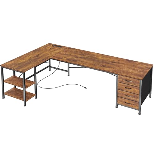 Huuger 63 Inch L Shaped Desk with Fabric Drawers, Computer Office Desk with Power Outlets and USB-C Port, Corner Desk with Storage Shelves, Work Study Home Office, Reversible, Rustic Brown - color: Rustic Brown, size: 63 inch