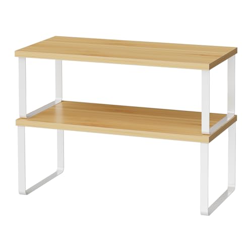 OGEMXU Cabinet Shelf Organizers, 15.7 inches Large Kitchen Counter Shelf, Set of 2 Wood Kitchen Pantry Organizer, Storage Shelves for Countertop, Spice Rack, Stackable, Expandable, Metal White, Nature - color: White and Natural Beige, size: 2pcs 7.8" D x