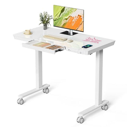 40" Glass Standing Desk with Drawer, Electric Stand up Desk - color: White Glass-top, size: 40"
