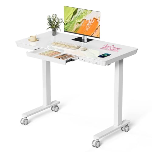40" Glass Standing Desk with Drawer, Electric Stand up Desk - color: White Glass-top, size: 40"
