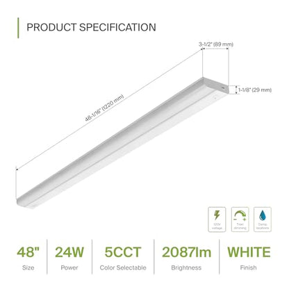ASD LED Under Cabinet Lighting Hardwired, 48 Inch 24W 2700K-5000K Selectable, 2087LM, CRI90+, Direct Wire Linkable Under Counter Lights for Kitchen, Dimmable Under Cabinet Lights, White, UL Certified - color: 48 Inch White, size: 1 Pack