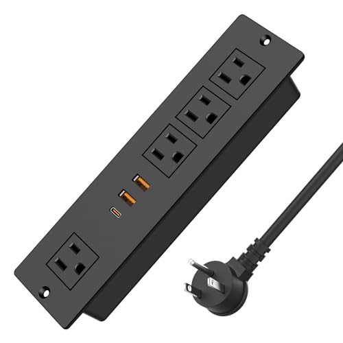 Recessed Power Strip with PD 20W USB-C, Flush Mounted Drawer Outlet, 4 Outlets & 3 USB Ports, Conference Desktop Built in Power Strip, 6FT Extension Cord(Black) - size: 6FT, style: 20W-2A1C-Black