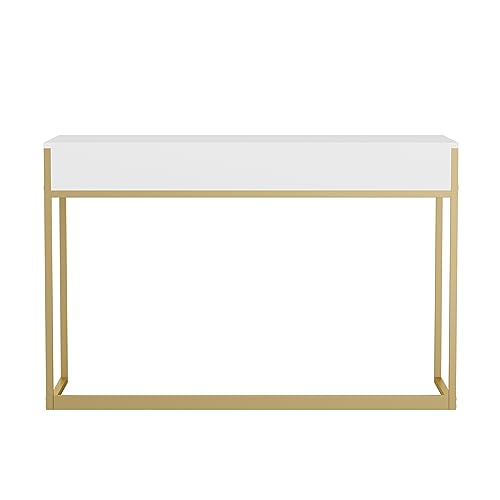 Martha Stewart Ollie Home Office Desk with 3 Drawers in White with Polished Brass Hardware - color: White Top/Polished Brass Frame