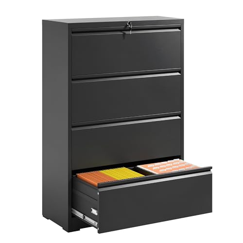 4 Drawer File Cabinet with Lock, Metal Lateral Filing Cabinets - color: Black, size: 4 Drawer_ 35"W