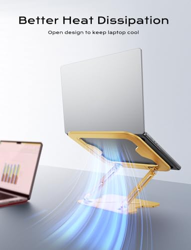 JCZT Adjustable Laptop Stand for Desk, Metal Foldable Laptop Riser, Gold | Ergonomic Portable Laptop Stand, Ventilated Cooling Computer Notebook Holder for MacBook Air Pro, All 10-16'' Laptops - color: Gold