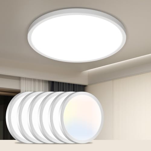 slochi 6 Pack LED Flush Mount Ceiling Light Fixture, 9 Inch Light Fixture, 3000K-4000K-6500K Round Flat Bedroom Lights, Closet Round Surface for Bathroom Laundry Bedroom Hallway - color: White, size: 9inch-6Pack