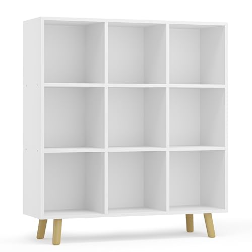 9-Cube Open Shelf Bookcase - 3-Tier Wooden Floor-Standing Bookshelf with Legs and Backpanel, Ideal for 11-inch Fabric Storage Bins and Miscellaneous Organizer, White - color: White, size: 9-Cube