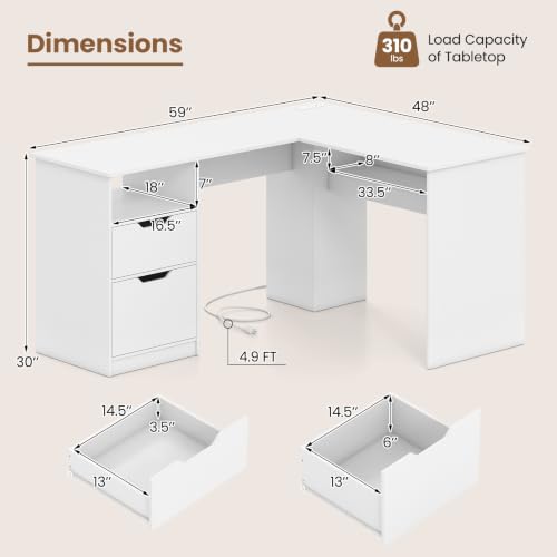Tangkula 59” L-Shaped Executive Desk w/Power Outlets, Home Office Desk - color: White