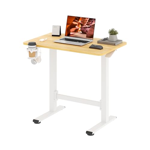 32''Pneumatic Standing Desk,Onepiece Adjustable Height Home Office | Maple 31.5''x19.7'' Small Home Desk Rolling Computer Workstation with Hooks & Cup Holder,Hidden Casters - color: Maple, size: 3220