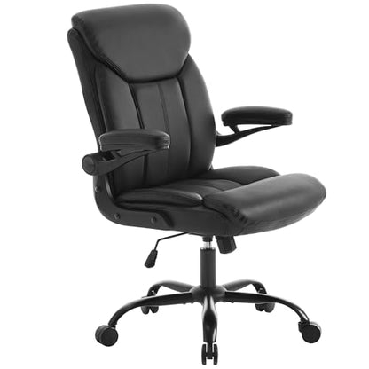Ergonomic Home Office Chair PU Leather Comfy Computer Chair, Black | Flip-up Armrest, Height Adjustable, Lumbar Support, 360° Swivel Wheels Managerial Executive Chairs for Work Gaming Home Use - color: Black
