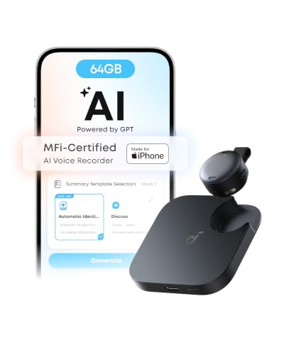soundcore Work by Anker, Coin-Sized AI Voice Recorder, 64 GB, MFi Certified | 150+ Languages, Wearable, USB-C Charging, 32H Recording, Find My, AI Transcribe and Summarize - color: Black, size: 64GB