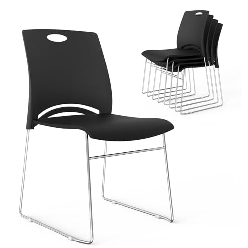 VINGLI 5 Pack Plastic Stacking Chairs, Stackable Office Chair, Black | Stackable Office Chair with Metal Sled Base, Ergonomic Plastic Seat with Handle, Multiple Use for Waiting Break Room Banquet - color: Black, size: 5 Pack
