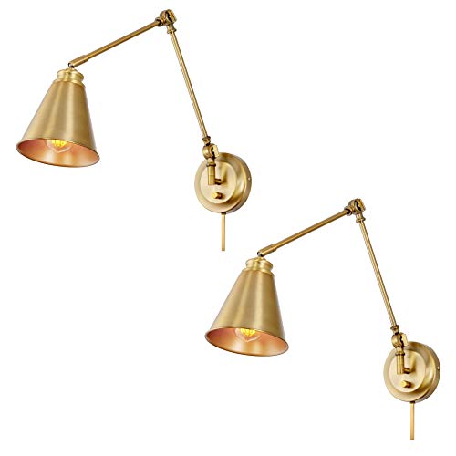 Kira Home Ellis 18" Modern Swing Arm Wall Sconce for Bedroom, 2-Pack | Cone Metal Shades, 2-in-1 Plug In or Hardwired Vintage Library Style Gold Wall Lamp, Warm Brass Finish