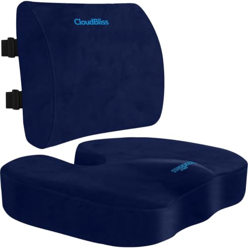 CloudBliss Ergonomic Seat Cushion & Lumbar Support Pillow Set, Blue, XL | Back Pain & Sciatica Relief, Memory Foam Support, Adjustable Straps, Machine Washable Velvet, Perfect for Office, Car, Gaming - color: Blue, size: X-Large