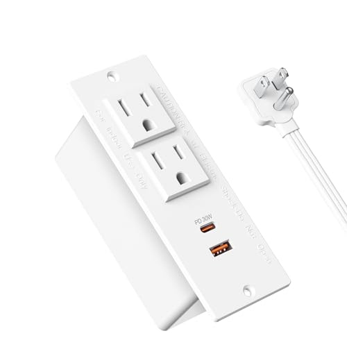 Recessed Power Strip USB C PD 30W,Desk Outlet,White | Flush Mount Desk Recessed Outlet,Space-Saver for Furniture Side Table,2 USB,2 Outlets,6ft,Ultra Thin Flat Plug - color: White, size: 30W USB-C Ports