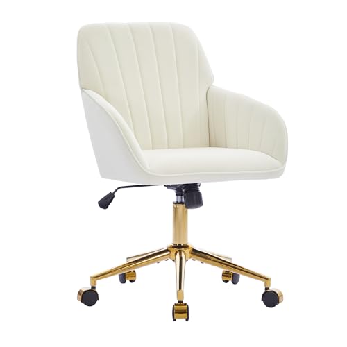 YITAI Velvet Office Desk Chair with Wheels and Gold Base,Modern Height Adjustable 360 Degree Swivel Upholstered Vanity Chairs with Arms for Living Room Bedroom, Study,Cream - color: Gold White