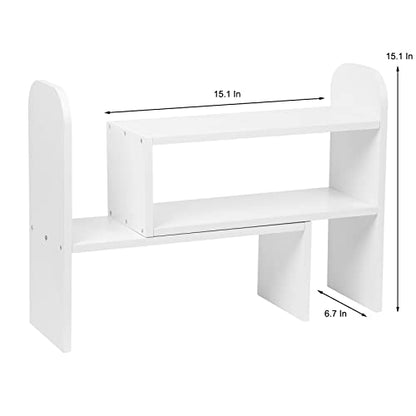 Desktop Adjustable Natural Wood Book Shelf Organizer Office Storage Rack Display Stand Caddy Set Expandable Desk Organizer (White) - color: White