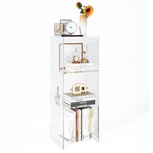 Acrylic Bookcase, 3 Tier Clear Floor Standing Bookshelf, 31.5 inch Tall Display Cube Storage Shelf Home Decor Furniture for Home, Office, Living Room, Bedroom