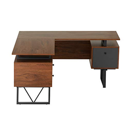 Techni Mobili Reversible L-Shaped Computer Desk with File Cabinet, Brown
